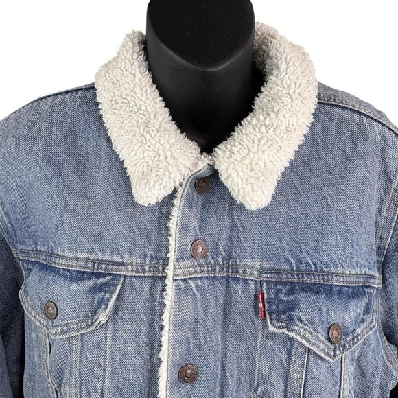 Y2K Levi's Trucker Denim Jean Jacket Sherpa Lined Blue Light Wash Women’s XL - Picture 4 of 13